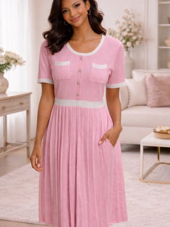 Dresses & Skirts - Cotton Candy Pink and Whit Short Sleeve Pleated Knee Length Spring Tennis Dress